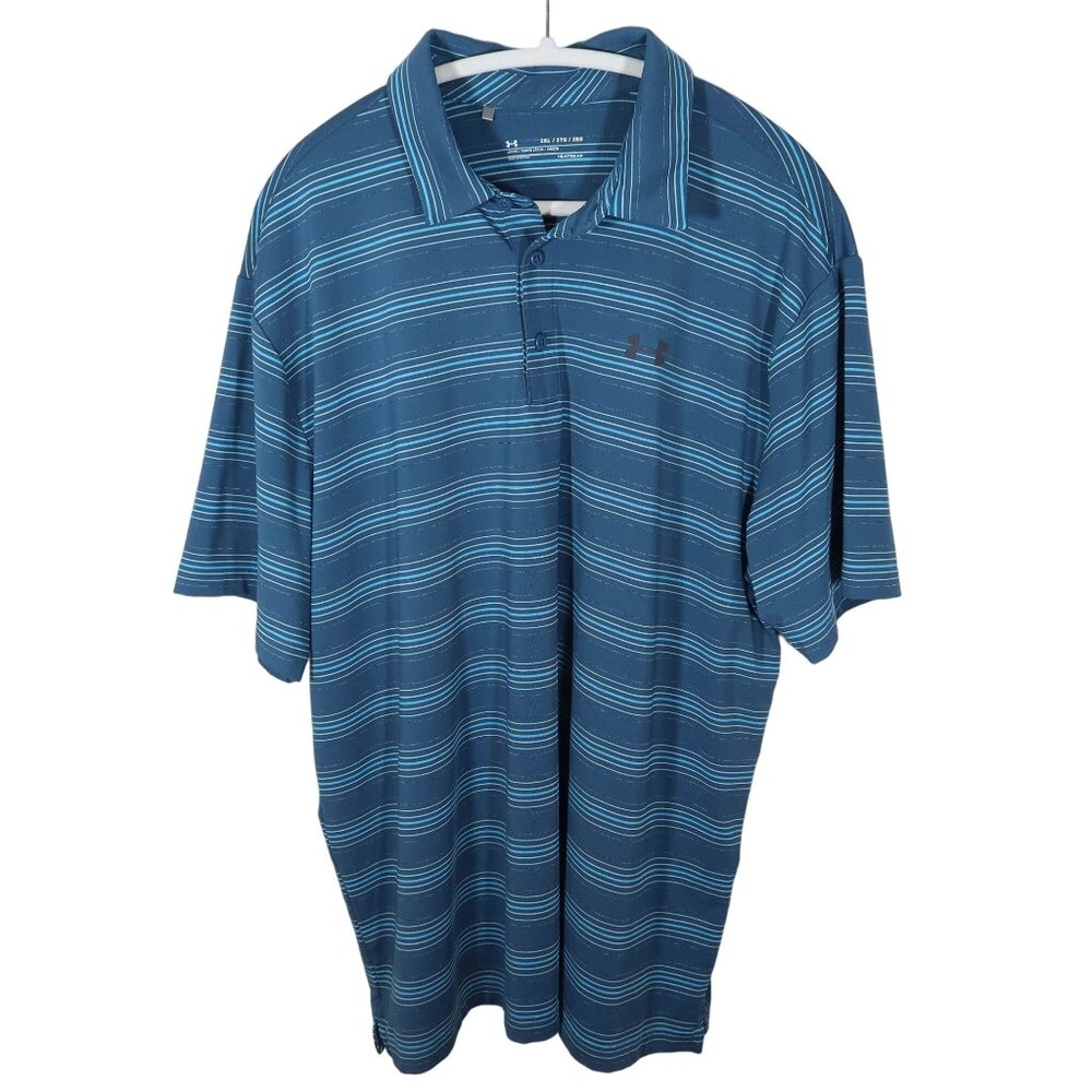 UNDER ARMOUR Loose fit Heat Gear Teal Striped Golf Polo Shirt Size 2XL